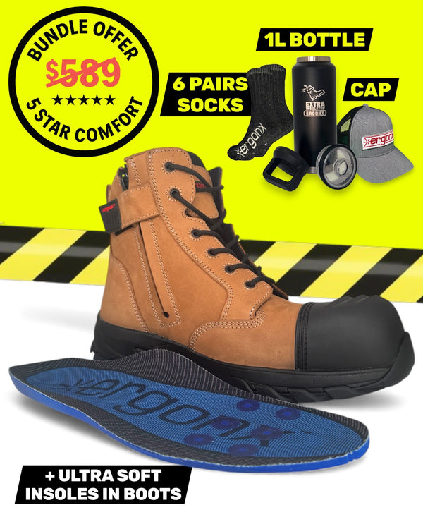 Ergonx Tan Lace Up Safety Boots + 6 Socks + 1L Bottle & Cap Bundle