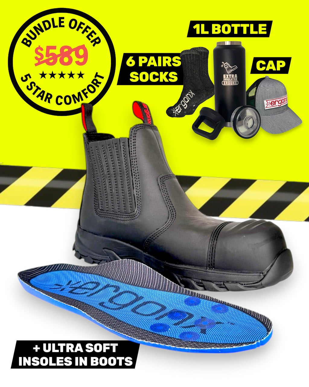 Ergonx Black Slip On Safety Boots + 6 Socks + 1L Bottle & Cap Bundle
