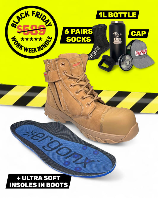 Ergonx All Tan Lace Up Safety Boots + 6 Socks + 1L Bottle & Cap Bundle