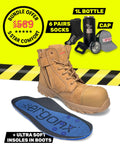 Ergonx All Tan Lace Up Safety Boots + 6 Socks + 1L Bottle & Cap Bundle
