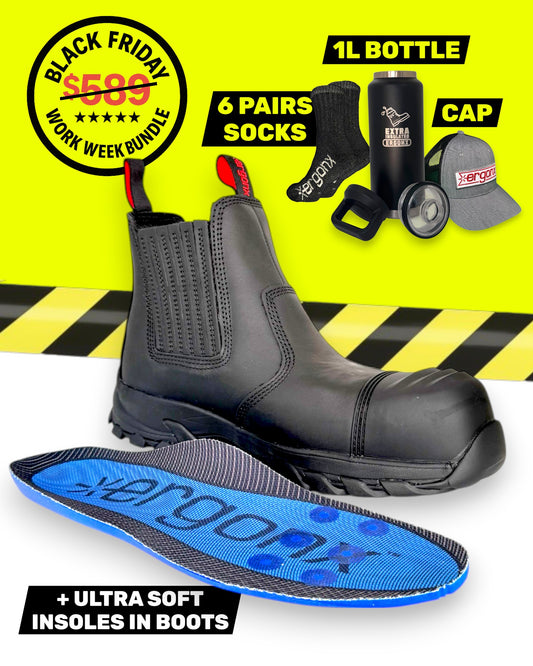Ergonx Black Slip On Safety Boots + 6 Socks + 1L Bottle & Cap Bundle