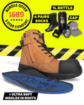 Ergonx Tan Lace Up Safety Boots + 6 Socks + 1L Bottle & Cap Bundle