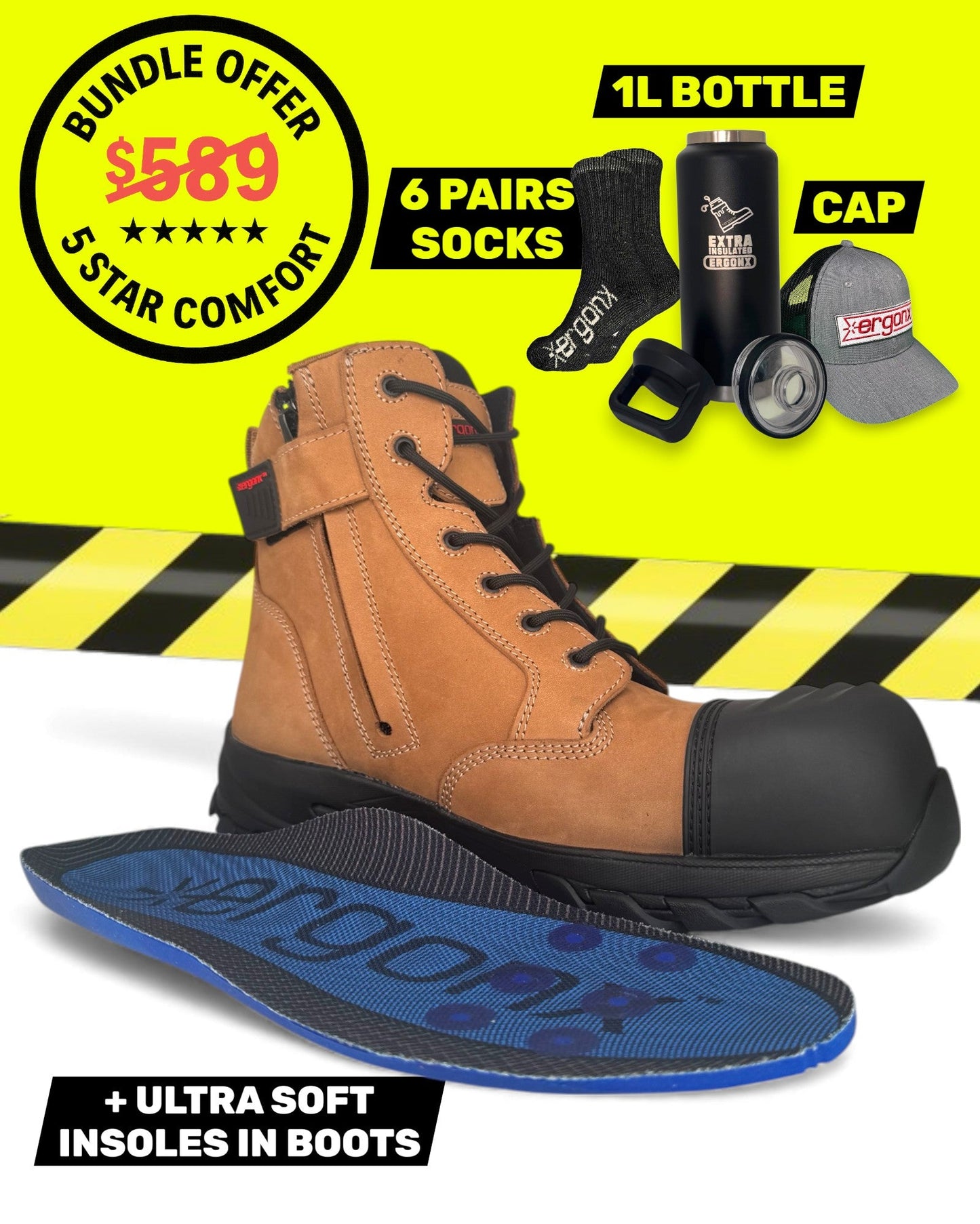 Ergonx Tan Lace Up Safety Boots + 6 Socks + 1L Bottle & Cap Bundle