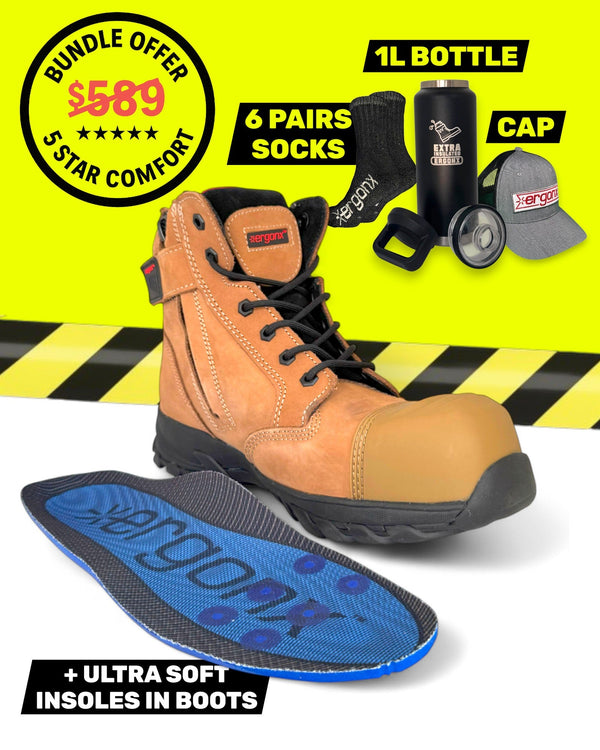 Ergonx Tan Toe Lace Up Safety Boots + 6 Socks + 1L Bottle & Cap Bundle