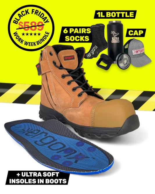 Ergonx Tan Toe Lace Up Safety Boots + 6 Socks + 1L Bottle & Cap Bundle